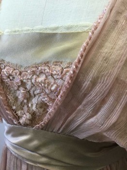 Womens, Evening Dress 1890s-1910s, N/L, Lt Pink, Cream, Blush Pink, Silk, Beaded, Solid, Floral, W:25, B:32, Sheer Crinkled Texture Chiffon at Shoulders/Torso, Cream Satin Panel at Bust with Light Pink Lace/Net, Short Sleeves are Pink Lace Net As Well, Blush Satin Empire Waistband, Multi Tiered Skirt with Crinkled Chiffon on Top, Lace Net Below, and Bottom Layer is More Crinkled Chiffon, Base Layer of Dress is Cream Satin, Square Neck, Floor Length Hem, Made To Order Reproduction, Has Stains at Hem