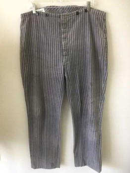 N/L, Gray, Navy Blue, Cotton, Stripes - Vertical , Gray with Navy 1/8 Vertical Stripes, Twill, Button Fly, Black Suspender Buttons at Waist, No Pockets, Work Wear, Made To Order Reproduction "Old West" Wear  **Has Stains,