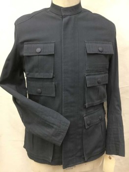 Mens, Jacket, MTO, Gray, Cotton, Solid, 38, Zip Front, 6 Flap Pocket, Elbow Patches, Snap Cuffs, Band Collar