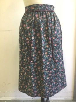 Womens, Apron , N/L, Multi-color, Black, Red Burgundy, Pink, Teal Blue, Cotton, Floral, Half Apron, Faded Black with Multicolor Floral Pattern, Burgundy Piping Trim, 1.5" Wide Self Waistband and Self Ties at Sides, 2 Patch Pockets, Made To Order