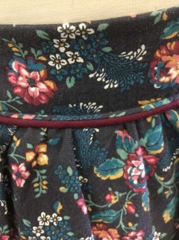 Womens, Apron , N/L, Multi-color, Black, Red Burgundy, Pink, Teal Blue, Cotton, Floral, Half Apron, Faded Black with Multicolor Floral Pattern, Burgundy Piping Trim, 1.5" Wide Self Waistband and Self Ties at Sides, 2 Patch Pockets, Made To Order
