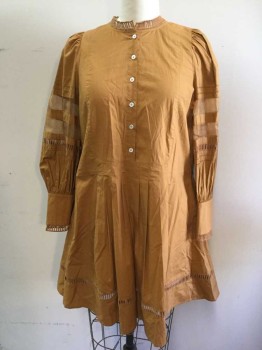 SEA, Tobacco Brown, Cotton, Silk, Solid, 1/2 Button Front, Tuxedo Front Panel, Pleated Down From Waist, Faggotting Collar/Cuff/Mid Sleeve/Hem, Gathered Sleeve, Sheer Silk Stripe Sleeves, Split Cuff