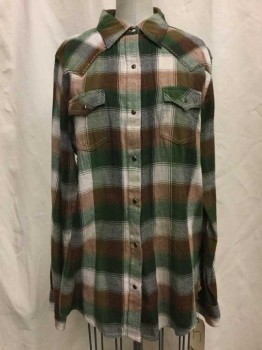 Womens, Shirt, WRANGLER, Beige, Green, Brown, Cotton, Check , M, Beige/ Green/ Brown Check, Snap Front, Collar Attached, Long Sleeves, 2 Flap Pockets, Brown Embroiderred Trim