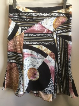 JUST CAVALLI, Black, Gray, Mauve Pink, Maroon Red, Gold, Silk, Abstract , Stripes, Black, Gold, White Stripes/ Black,gray,off White Leopard Print/ Maroon, Mauve, Cream, Gold Abstract Print, Patch/block Work, Flair Bottom, Zip Back,