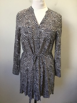 ELLA SANDERS , Navy Blue, White, Rust Orange, Rayon, Abstract , Navy with White Abstract Ovals/Blobs in Horizontal Pattern with Rust Accents, Long Sleeve Button Front Shirt Dress, Band Collar with Notch/V Center, 2 Patch Pockets, Knee Length, **2 Piece with Matching Self Fabric Sash BELT