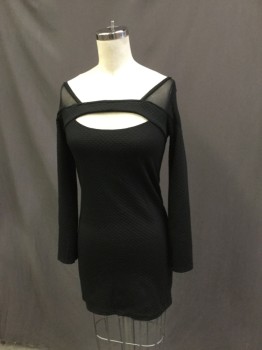 HUILIAYA, Black, Synthetic, Grid , Club. Textured Grid Knit Dress with Sheer Shoulders, Long Sleeves,