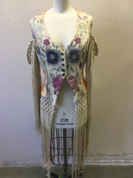 FOX 701, Beige, Blue, Purple, Pink, Orange, Polyester, Cotton, Floral, MTO, Boho Vibe, V-neck, Embroidered Floral, Hook and Eye Closure with 5 Buttons, Beige Crochet Sleeves with Long Fringe, Open Shoulders, Beige Crochet Bottom Half with Long Fringe