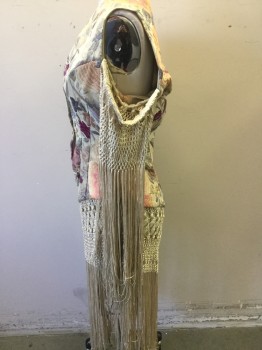 FOX 701, Beige, Blue, Purple, Pink, Orange, Polyester, Cotton, Floral, MTO, Boho Vibe, V-neck, Embroidered Floral, Hook and Eye Closure with 5 Buttons, Beige Crochet Sleeves with Long Fringe, Open Shoulders, Beige Crochet Bottom Half with Long Fringe