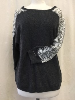 JCREW, Dk Gray, White, Cashmere, Synthetic, Heathered, Floral, Round Neck,  Sheer Lace Sleeve Detail