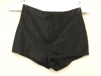 AMERICAN APPAREL, Black, Nylon, Polyamide, Solid, Black Shiny Hotpants, Zip Fly, 2 Back Pockets