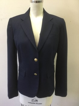 J.CREW, Navy Blue, Wool, Polyester, Solid, Single Breasted, Notched Lapel, 2 Gold Embossed Metal Buttons, 3 Pockets, Cream Satin Lining, Fitted