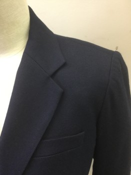 J.CREW, Navy Blue, Wool, Polyester, Solid, Single Breasted, Notched Lapel, 2 Gold Embossed Metal Buttons, 3 Pockets, Cream Satin Lining, Fitted