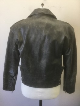 N/L, Faded Black, Leather, Solid, Crackled/Speckled Aged Leather, Biker Jacket, Zip Front, Notched Lapel/Collar, 4 Pockets, Braided Epaulettes at Shoulders, Self Belt with Buckle Attached at Waist, Maroon Quilted Lining, Lace Up Panels at Sides **Missing Laces/Ties
