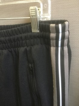 BELSTAFF, Black, Gray, White, Cotton, Polyester, Solid, Elastic Waist with Drawstring, Gray and White Stripes at Outseam, Tapered Leg with Zippers at Leg Openings, 2 Zip Pockets, Pin Tuck Down Center of Each Leg