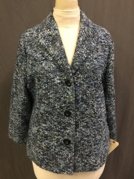 ALFRED DUNNER, Navy Blue, Lt Blue, White, Acrylic, Polyester, Tweed, Single Breasted, 3 Button, Shawl Collar