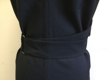 TUFI DUEK, Black, Cotton, Silk, Solid, Deep V-neck, Zip Back, Self Front Double Strap Belt with Velcro, High Back Neck, Knee Length