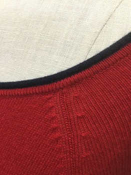 SHOSHANNA, Red, Navy Blue, Wool, Acrylic, Solid, Knit, Solid Red with Navy Trim at Scoop Neckline & Cuffs, Long Sleeves, Dropped Waist, Pleated Below Drop Waist, Raglan Sleeves
