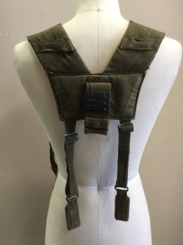 Unisex, Sci-Fi/Fantasy Space Oddity, MTO, Khaki, Green, Cotton, Solid, O/S, Partial Harness, Thick Woven Cotton, Shoulder Buckles, Padded Back Panel with Flap, Straps From Back Panel Meant to Attach to a Belt, Front Strap with No Buckles or Attachments