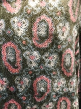 Womens, Cape 1890s-1910s, NL, Olive Green, Pink, Lt Blue, Cream, Wool, Silk, Paisley/Swirls, Mottled, NA, 3/4 Length Panne Velvet in Olive, Pink, Light Blue & Cream Paisley with Olive Maribou Feather Trim, Mottled Silk Lining, Self Tie at Neck Front Also with Maribou Trim