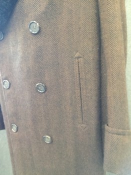 Mens, Coat 1890s-1910s, DOMINIC GHERARDI, Brown, Black, Wool, Synthetic, Herringbone, Solid, 46, Black & Brown Herringbone with Black Faux Fur Shawl Collar, Double Breasted, 2 Slit Pockets, Slit Center Back,