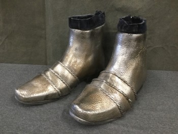 Mens, Historical Fiction Boots , MTO, Silver, Rubber, 10, Set of Boots : Silver Rubber Aged to Look Like Metal,  Tiered Toe Plates, Rubber Sole with Heel, Zip Back, Navy Suede Ankle Trim *silver Beginning to Peal*  Can Be Paired with Suit of Armor FC046700, Multiple
