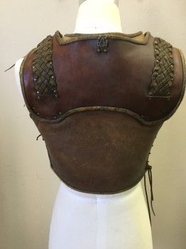 Mens, Historical Fict. Breastplate , MTO, Brown, Leather, S, Greek/Roman Soldier Breast Plate. Leather Bands with Gold Painted Metal Details, Braided Leather Shoulder Panels, Adjustable Shoulder Panel to Center Front Medallion, Adjustable Size At Sides with Leather Lacing