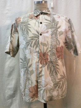 PAU HANA, Beige, Brown, Sage Green, White, Black, Cotton, Tropical , Button Front, Collar Attached, Short Sleeves, 1 Pocket,