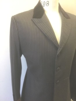 Mens, Historical Fict Suit Piece 1, N/L MTO, Brown, Gray, Wool, Cotton, Stripes - Pin, 38, Frock Coat, Brown with Gray Pinstripes, Brown Solid Velvet Panel on Peaked Lapel and Cuffs, 3 Fabric Covered Buttons, Made To Order Victorian Reproduction