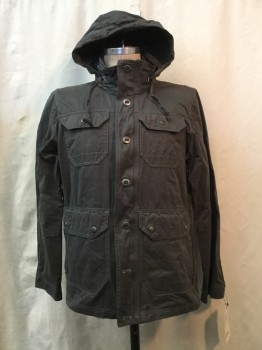 KUHL, Gray, Cotton, Synthetic, Solid, Gray, Zip & Button Front, 4 Pockets, Zip Collar, Hood,