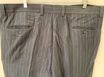 ROSSI MAN, Gray, Lt Gray, Wool, Stripes - Pin, Single Pleated, Button Tab, Zip Fly, 4 Pockets, Relaxed Leg