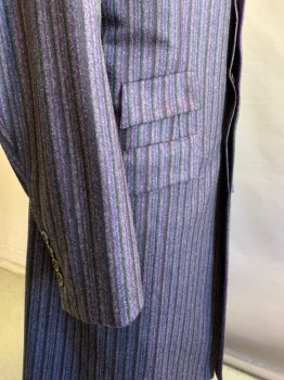 Mens, Historical Fiction Coat, Martin Greenfield, Gray, Purple, Black, Wool, Silk, Stripes, C42, Velvet Collar with Peaked Lapel ,4 Button Front , Hidden Button Placket Flap Pockets, Belted back with Two Buttons, 4smaller Buttons on Each Cuff , Straight Bottom , Bright Purple Silk Lining