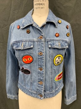 GAP, Lt Blue, Cotton, Solid, Button Front, Collar Attached, Long Sleeves, Button Cuff, 2 Pockets, Patches and Graphic Button Details