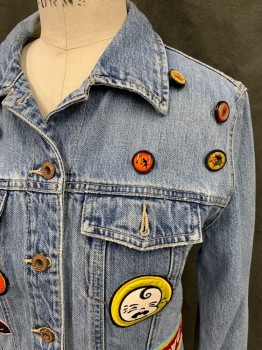 GAP, Lt Blue, Cotton, Solid, Button Front, Collar Attached, Long Sleeves, Button Cuff, 2 Pockets, Patches and Graphic Button Details