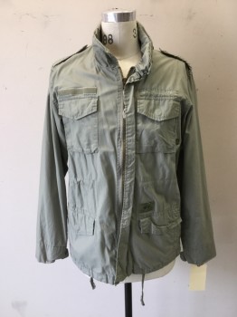 ALPHA INDUSTRIES, Sage Green, Cotton, Solid, Lightweight Jacket, Zip Front, 6+ Pockets, Epaulets, Hide Away Hood in Collar