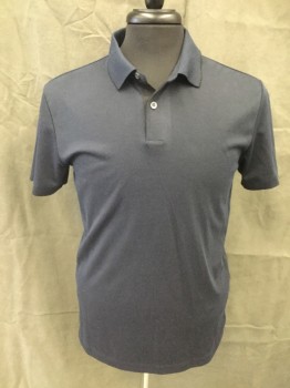 THEORY, Navy Blue, Cotton, Polyester, Solid, Short Sleeves, Ribbed Knit Collar Attached, with Black Trim, 2 Buttons