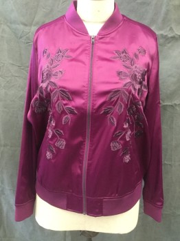 TORRID, Magenta Purple, Polyester, Spandex, Solid, Satin Bomber, Floral Embroidery, Zip Front, Ribbed Knit Neck/Waistband/Cuff