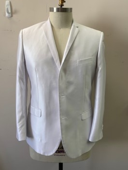 TAZIO, White, Polyester, Solid, Narrow Notched Lapel, 2 Buttons, 3 Pockets, Shiny