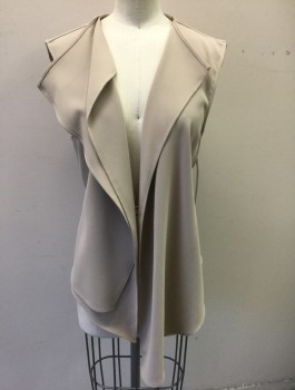 ZARA WOMAN, Taupe, Polyester, Solid, Crepe, Open at Center Front, Double Layered on Right Side, Attached Thin Belt Tie at Waist, Uneven Drapey Hemline