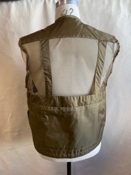 ROTHCO, Brown, Nylon, Polyester, Solid, Zip Front, Deep V-neck, Mesh with Lots of Pockets and Zips, Epaulets, Drawstring Waist, Hunting and Fishing