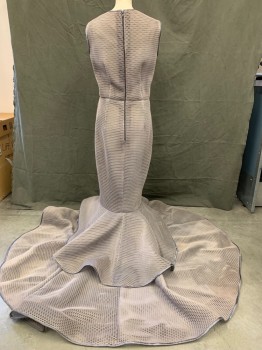 Womens, Sci-Fi/Fantasy Piece 2, MTO, Dove Gray, Gray, Synthetic, Solid, W 30, B 38, Gown, Dove Gray Royal Blue See Through Netting Material, Sleeveless, U-Neck, Gray Navy Satin 1/4" Edging at Armholes at Neck, Voluminous Ruffled Mermaid Hem, Floor Length, Made To Order (Hem at Ruffle Very Small.  is a Step Into Gown)