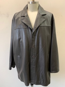 N/L, Dk Brown, Leather, Polyester, Solid, Single Breasted, 5 Buttons, Notched Lapel, Front and Back Yoke, 2 Vertical Pocket, Missing Zip Out Lining