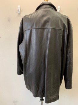 N/L, Dk Brown, Leather, Polyester, Solid, Single Breasted, 5 Buttons, Notched Lapel, Front and Back Yoke, 2 Vertical Pocket, Missing Zip Out Lining
