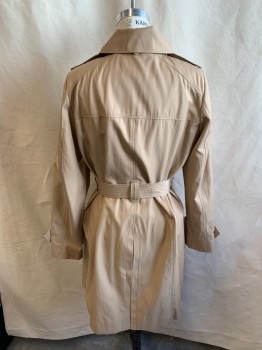 LONDON FOG , Khaki Brown, Cotton, Polyester, with Belt, Collar Attached, Hem, Hook & Eye at Neck, Double Breasted, 2 Pockets, Epaulets