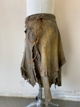 Mens, Historical Fiction Skirt, MTO, Brown, Tan Brown, Leather, Fur, Mottled, Solid, W/H34, Well Constructed Wrap Skirt, Velcro Closure, Fur Bag/loincloth Attached By Wang