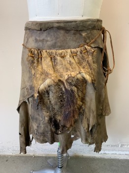 Mens, Historical Fiction Skirt, MTO, Brown, Tan Brown, Leather, Fur, Mottled, Solid, W/H34, Well Constructed Wrap Skirt, Velcro Closure, Fur Bag/loincloth Attached By Wang