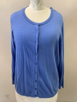 TALBOTS, Periwinkle Blue, Cotton, Rayon, Solid, Knit, Long Sleeves, Scoop Neck, Button Front