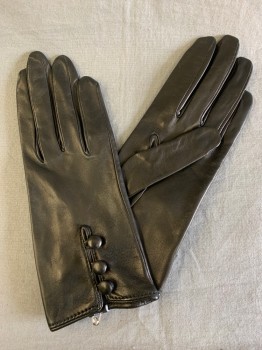 Womens, Leather Gloves, FRATELLI ORSINI, Black, Leather, Solid, 7, 3 Buttons at Back of Wrist, Silk Knit Lining
