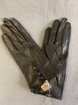 Womens, Leather Gloves, FRATELLI ORSINI, Black, Leather, Solid, 7, 3 Buttons at Back of Wrist, Silk Knit Lining