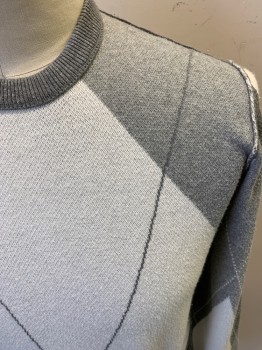 Mens, Pullover Sweater, TED BAKER, Lt Gray, Gray, Dk Gray, Cotton, Polyamide, Argyle, L, Long Sleeves, Crew Neck, Rib Knit Collar Cuffs and Waistband