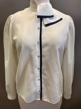 Womens, Blouse, ST MICHAEL, Ecru, Navy Blue, Polyester, Solid, B:38, 14, Stand Collar with Faux Neck Tie, B.F., L/S, White Btns with Navy Circles,  Navy Trim CF & Tie Edges